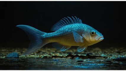 Naklejka premium Solitary Freshwater Fish Swimming Above Gravel Bed in Murky Water