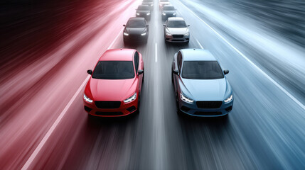 Obraz premium High-Speed Racing: Dynamic Red and Blue Cars Leading the Pack in a Nighttime Highway Chase