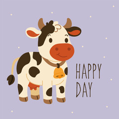 Cute cartoon illustration of a smiling cow with a bell, ideal for children's products, greeting cards, farm-themed designs, and playful animal collections.