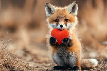 Obraz premium Cute fox baby with critter toy red heart on in a natural habitat. Fox - my beloved animal. Ad campaign animal idea. Passion in the wild. Valentineâ€™s day magic in nature. Wildlife love theme.
