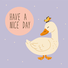 Flat style illustration of a cute duck with a butterfly on its head and the message Have a Nice Day, ideal for greeting cards, children's content, and cheerful decorative designs