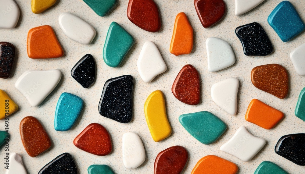 Aufkleber abstract mosaic of multicolored glossy ceramic pebbles on textured sand background for branding, web