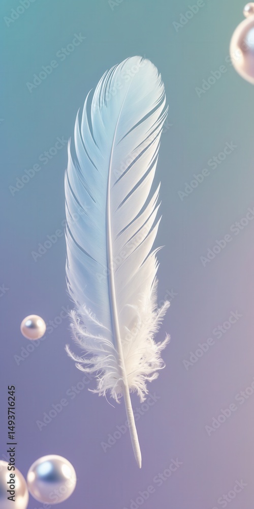 Poster white feather floating with shiny pearls on a soft gradient background in pastel tones