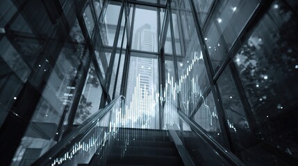 Fototapeta premium Double Exposure Business Elevator Ride with Future City Skyline
