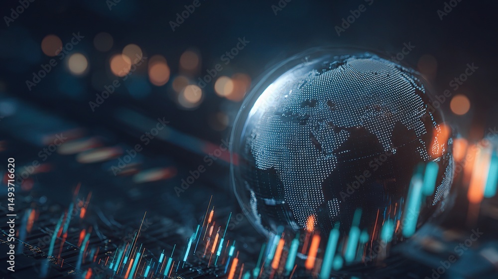 Poster digital globe spinning above a trader desk with data visualizations