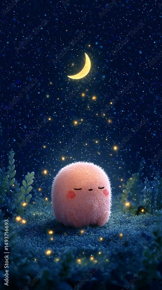 Poster cute character dreamy floating lights – glowing particle effect