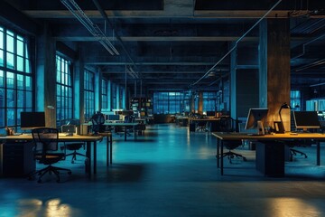 Empty industrial office space at night, cool blue tones