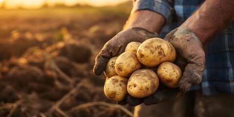 Hands holding freshly harvested potatoes in a field, symbolizing farming, agriculture, and the natural bounty of the earth