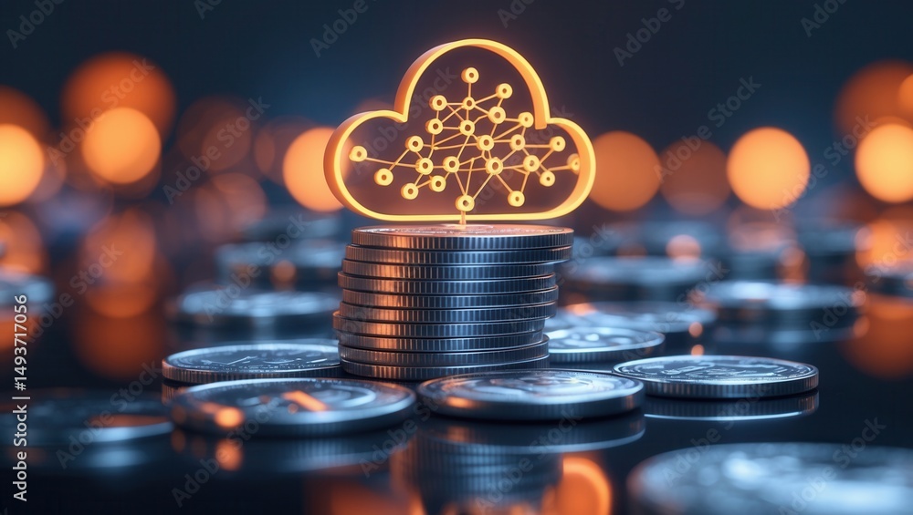 Poster stack of coins with glowing cloud network icon symbolizing cloud computing and digital currency conc