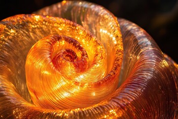 Illuminated amber glass rose, swirling petals create a captivating, luminous spiral.