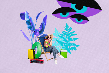 Trend artwork banner 3D photo collage of young lady sit chair boombox baggage summer travel float...