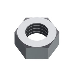 A close up view of a gray hex nut with a washer on a white background in a studio shot, isolated view