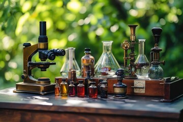 Antique scientific instruments, including a brass microscope and various glassware, are arranged on a wooden table in a lush green garden setting.