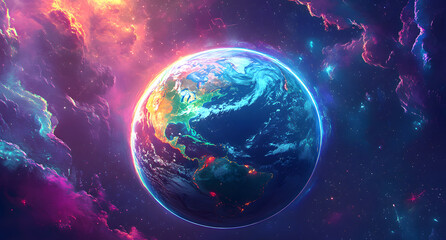 Obraz premium A glowing, vibrant Earth encircled by swirling, neon energy, set against a dark, futuristic backdrop. The image evokes themes of global connection and technological advancement.