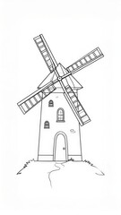 Obraz premium Detailed line art illustration of a traditional windmill on a grassy hill against a white background.