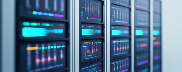 Fototapeta premium Data Servers with Colorful Digital Displays, Data Center , Servers