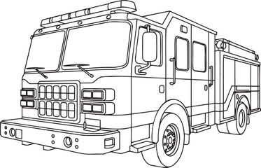 Fire engine truck Outline vector illustration isolated On Transparent Background