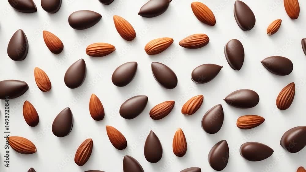 Poster artistic display of chocolate-covered almonds in a backdrop. top view. culinary idea.