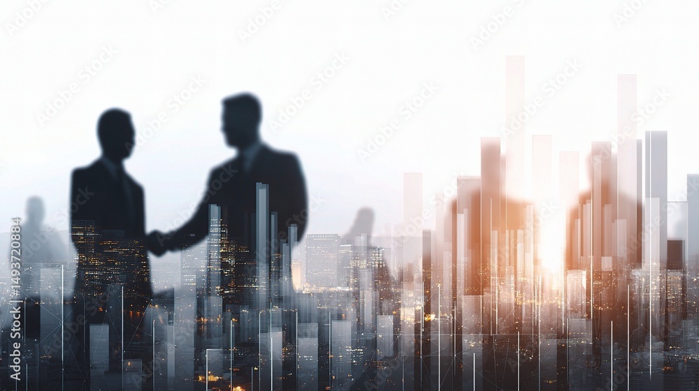 Poster executives sealing agreement with abstract blockchain background