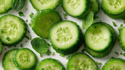   Close-up of cucumbers and mints on white surface with green mint leaf on top cucumber