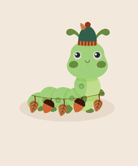 Flat Design Illustration with Green Worm and Wearing Hat, Fall Decoration