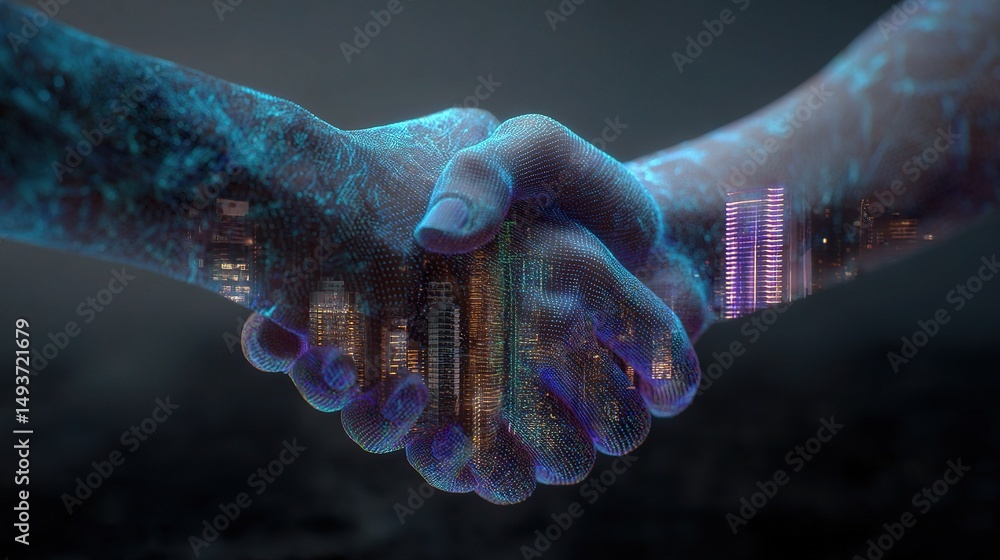 Poster holographic handshake with diffused candlestick background