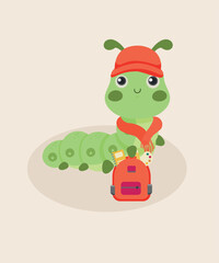Flat Design Study To Time Illustration with Green Worm and Wearing Hat, Scarf, Bag