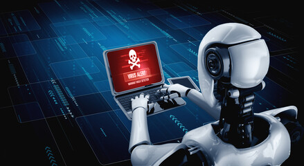 Virus warning alert on computer screen detected modish cyber threat , hacker, computer virus and...