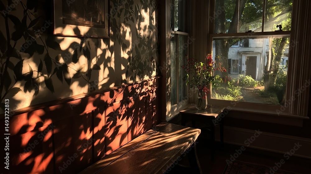 Poster a wooden bench in front of a window with a view of a garden and a house in the background