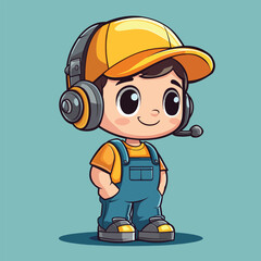 Fototapeta premium Cartoon Boy with Yellow Cap Overalls and Headset with Microphone