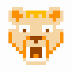 Pixelated lion head art on white background, retro video game icon