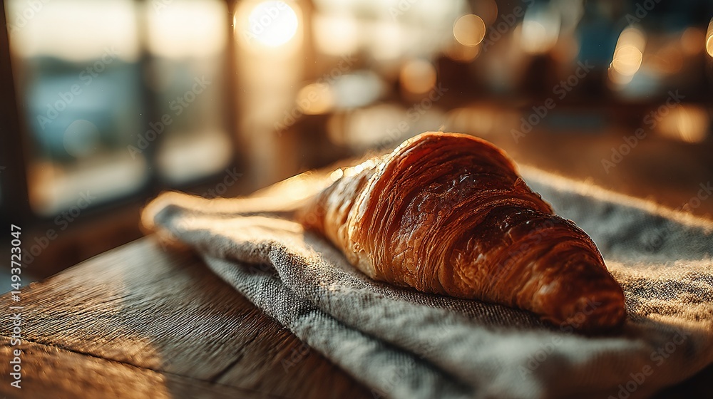 Poster a close-up of a croissant on a napkin resting on a wooden table with a window in the background
