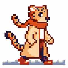Obraz premium pixel art tiger in trench coat and scarf, urban winter scene with retro video game