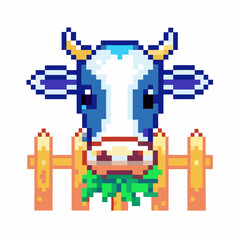 Pixel art cow behind fence eating grass in a retro gaming style, colorful and playful design