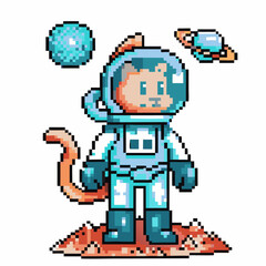 Fototapeta premium pixel art astronaut cat on alien planet, retro sci fi adventure