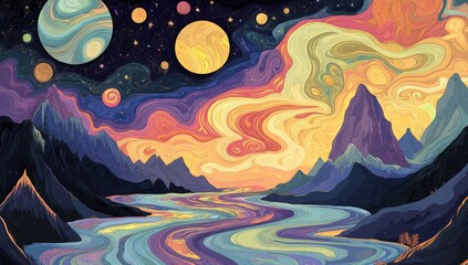 Cosmic landscape with swirling colors and planets