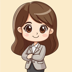 Cartoon Businesswoman with Brown Hair and Gray Suit Arms Crossed Smiling