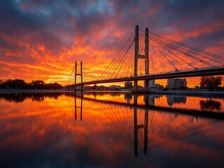 Fiery sunset paints suspension bridge reflection