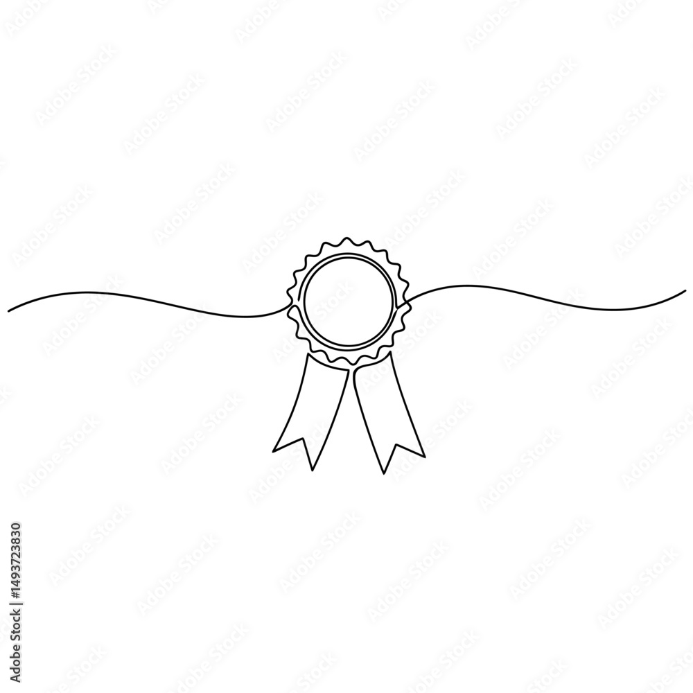 Poster continuous line drawing of a rosette ribbon award with a wavy line across the image white background