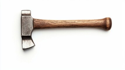 A durable small vintage hand axe with a textured wooden handle lies isolated horizontally on a clean pure white background.