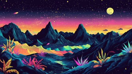Fototapeta premium Vibrant, otherworldly landscape at night, featuring stylized mountains, desert, and flora in glowing colors. Stars and a moon are scattered across the sky