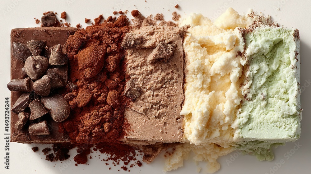 Poster a zoomed-in image of a cake with various decorations on a white background and a spoon placed inside