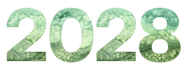 Watercolor hand drawn green colorful lettering Number isolated background. Handwritten message. Colored Numbers date 2028 year. Can be used as a print, for cards, design, banner, poster, calendar.