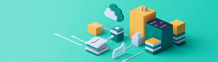 Obraz premium Isometric Data Flow Cloud and Server Network on Teal , Datacenter , Analytics