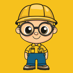 Cartoon construction worker with glasses and a yellow hard hat smiling