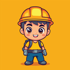 Cartoon Construction Worker with Hard Hat Backpack and Work Gloves