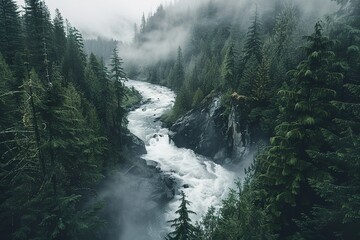 Rushing river through forest landscape enveloped in mist providing a serene scene