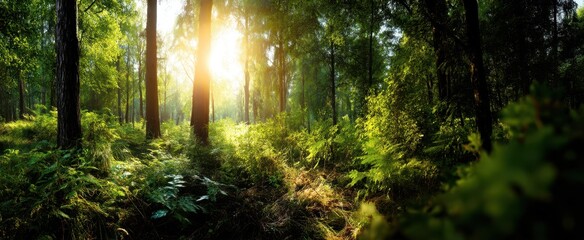 Fototapeta premium The serene forest bathed in soft sunlight creates a peaceful atmosphere.