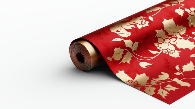 A roll of festive red wrapping paper featuring a beautiful shiny gold holly and berry holiday pattern displayed on a plain white background.