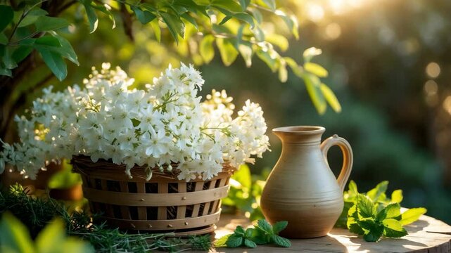 Garden basket filled with elder blossoms - herbs for syrup with a jug and light